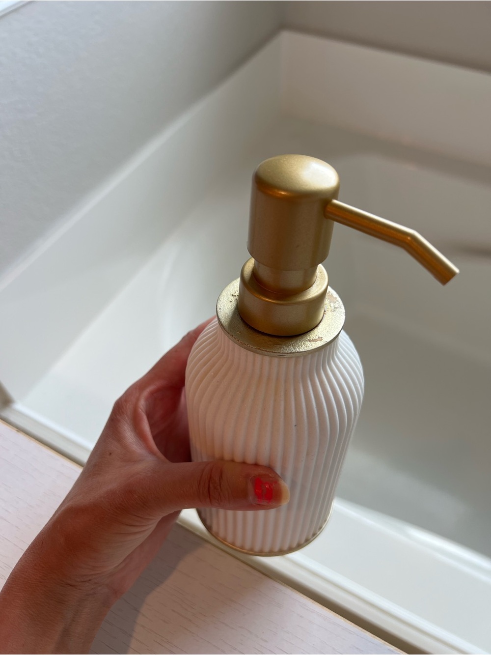 Ribbed White Ceramic Soap Dispenser with Gold Pump - Picture 3 of 5